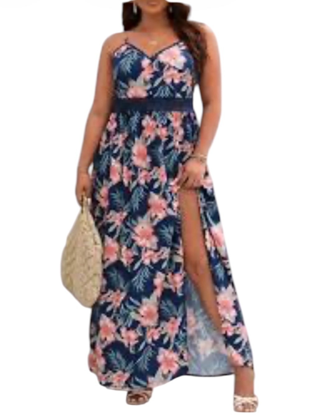 SHEIN Curve VCAY Floral Print Guipure Lace Insert Cami Dress Size 1XL NWT